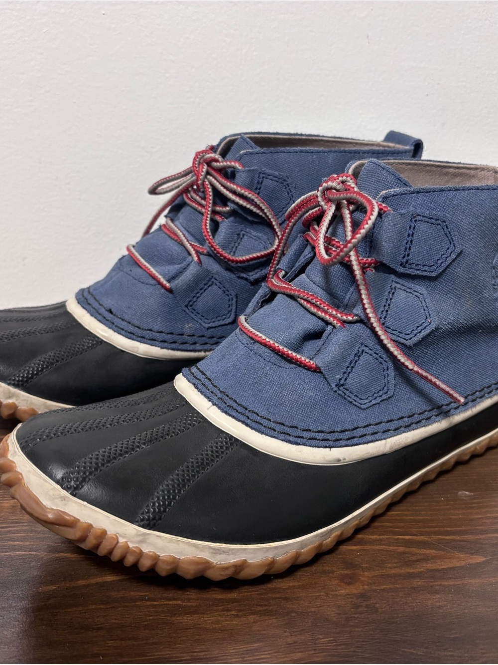 Sorel Navy Canvas and Black Rubber Duck Boots with Red Laces